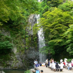 秋の紅葉をバックにプロポーズなら箕面の滝